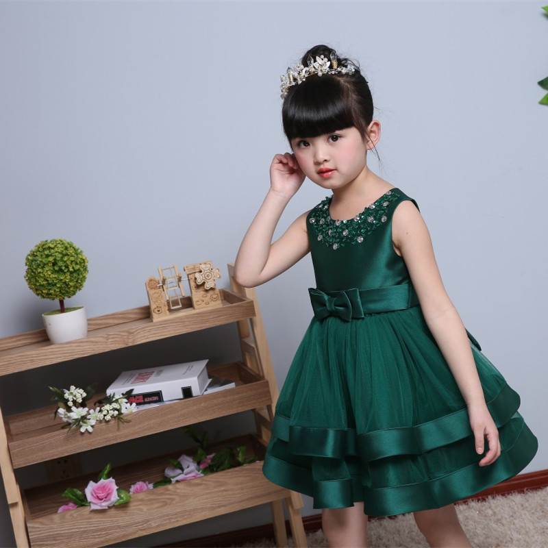 2017 Puffy Green Tulle Flower Girl Wedding Party Dresses Sequin Bow Ball Gown First Communion Dresses 1 Year Birthday Baptism Dresses