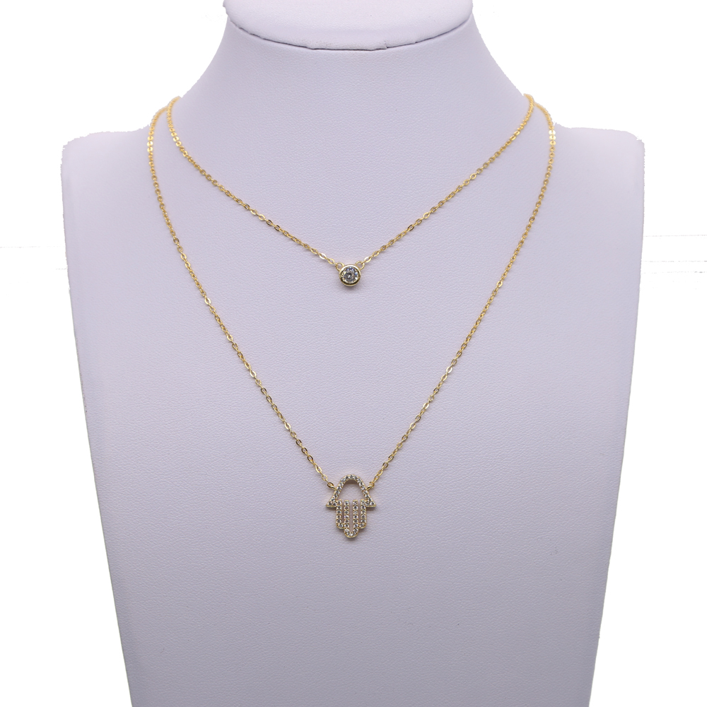 100% 925 sterling silver factory wholesale double layer women chain choker bezel cz diamond micro pave hamsa hand silver necklace