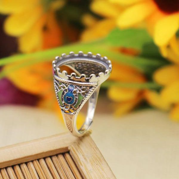 Fine Silver Chinoiserie Cloisonne Enamel 13x15mm Oval Cabochon Semi Mount 925 Silver Ring Jewelry Setting