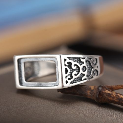 Fine Silver Art Deco 925 Sterling Silver 7x12mm Princess Cabochon Semi Mount Wedding Ring Setting