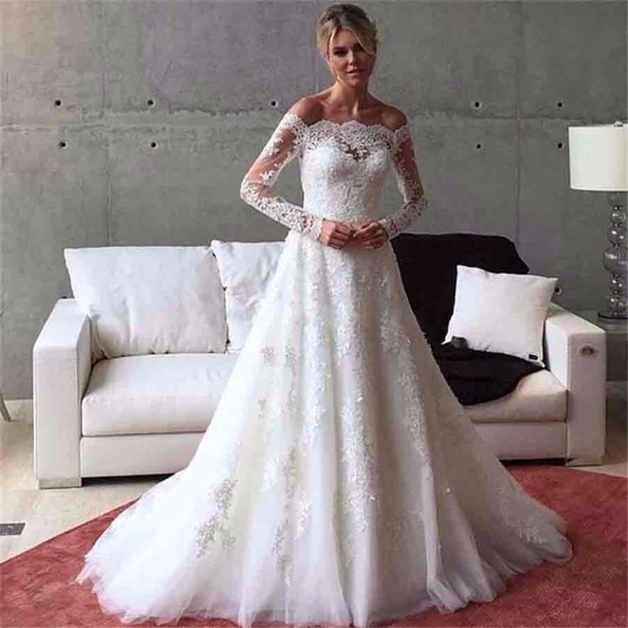 Elegant Off the Shoulder Long Sleeve Boat Neck Wedding Sweep Train A Line Applique Lace Bridal Dress Robe De Mariee