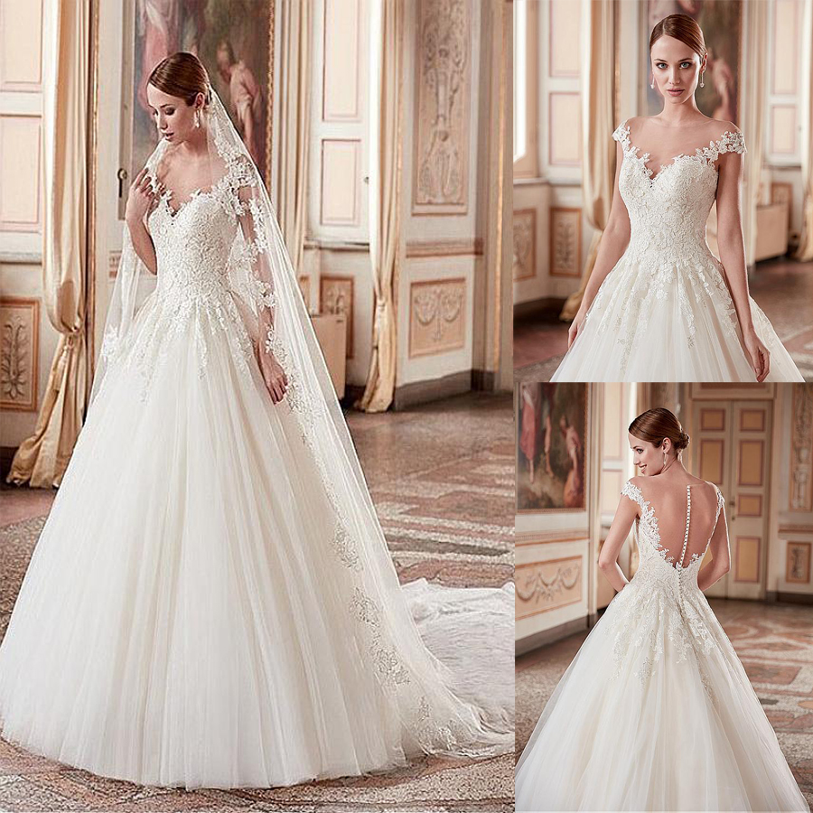 Tulle & Satin Sheer V-Neckline A-Line Wedding Dresses With Lace Appliques Illusion Back Bridal Dresses vestido de noiva, Champagne
Tulle & Satin Sheer V-Neckline A-Line Wedding Dresses With Lace Appliques Illusion Back Bridal Dresses vestido de noiva, Champagne