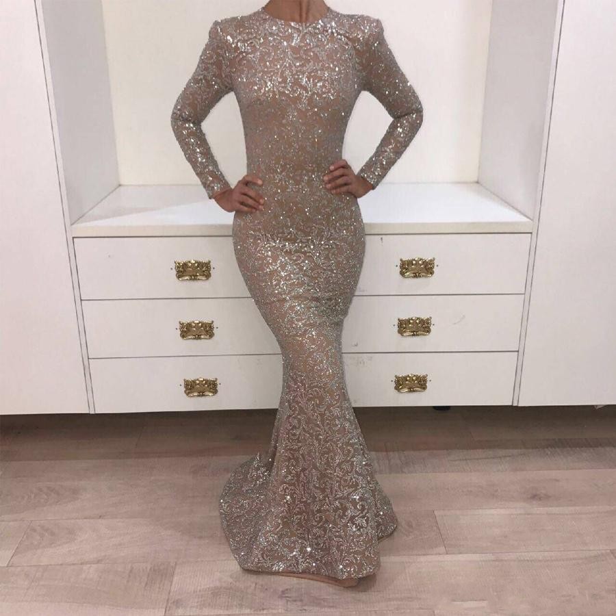 Prom Dark Champagne O Neck Long Sleeve Shiny Sliver Crystal Yousef Aljasmi Mermaid Evening Gowns Party Dresses