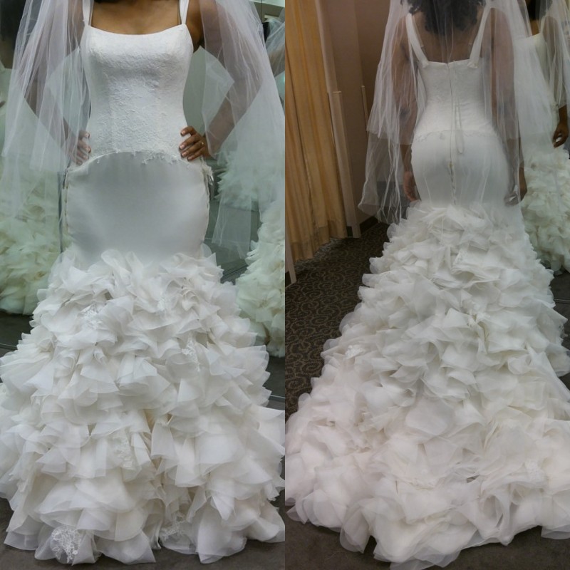 Cascading Ruffles Mermaid Wedding Dresses Sexy Spaghetti Sash Zipper Backless Beach Wedding Dress Lace Applique Organza Wedding Gowns Cheap