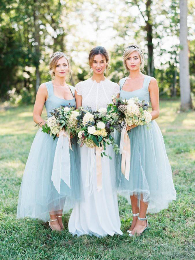 2017 Ice Blue Tulle Country Bridesmaid Dresses Long Cheap Satin High Low Prom Party Maid Of Honor Gowns Custom Made Plus Size EN11141