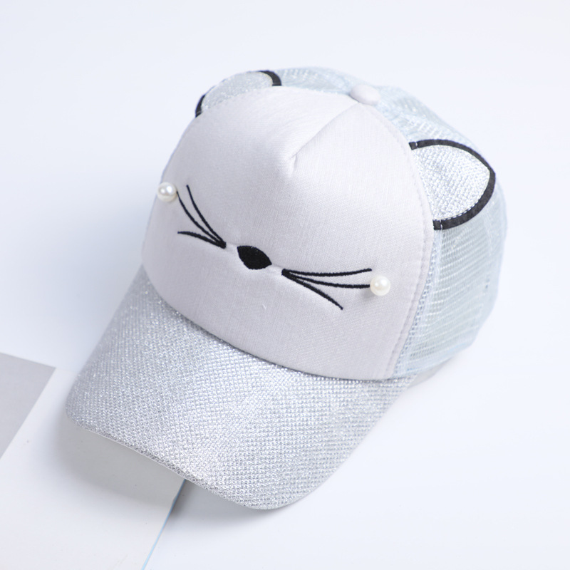 New Women Cat Baseball Cap With Cute Cat Ears Curved Brim Snapback Hat Cat Face Pearl Cotton Caps Outdoor Mesh Hats