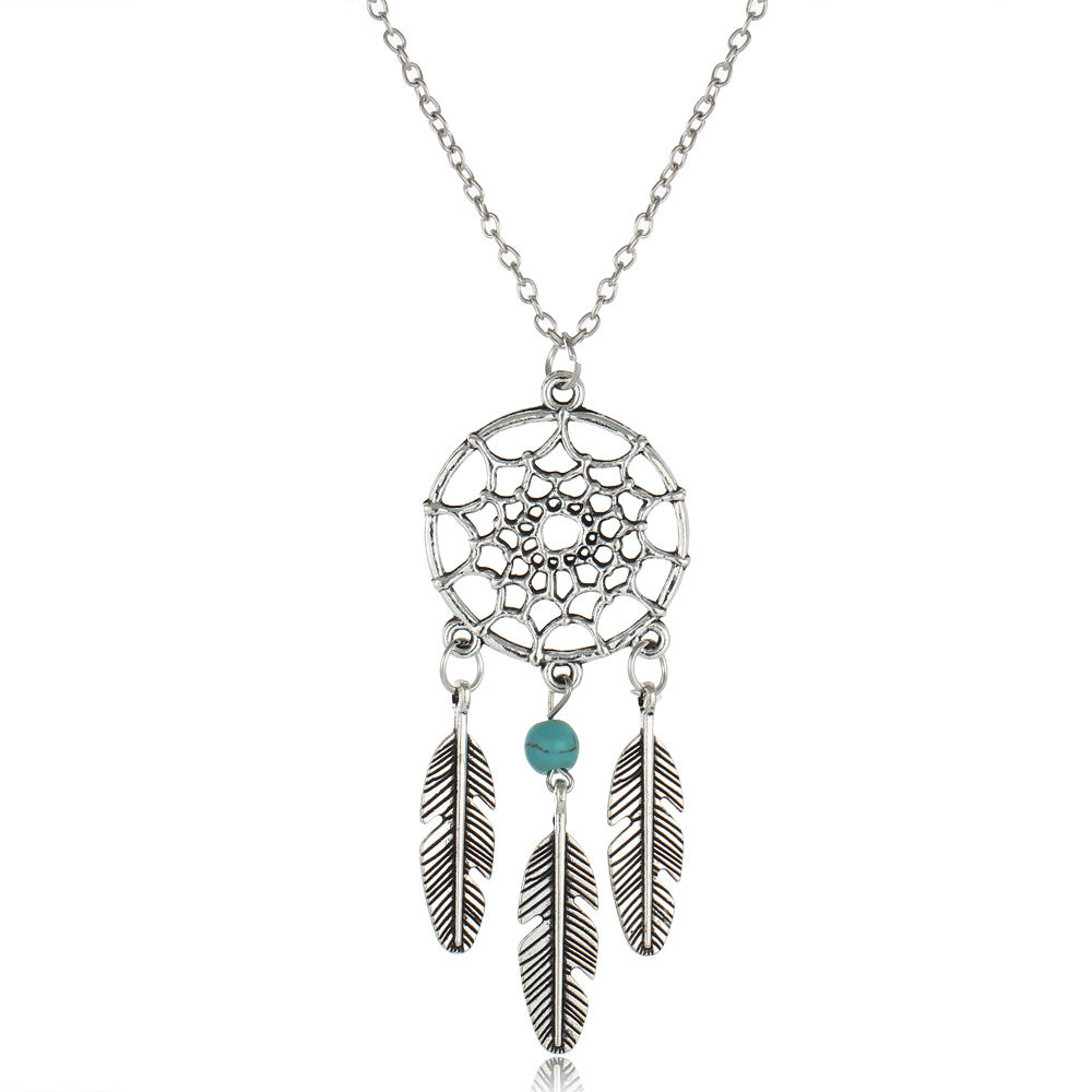 Wholesale-Ancient Silver Color Alloy Girl Chian necklaces For Women Vintage Korea Dream Catcher Leaves Pendant Necklace Jewelry collares