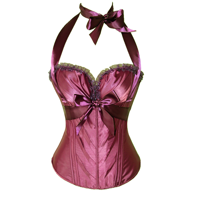 Side Zipper Satin Halterneck Push Up Overbust Bustier Ribbon Front Padded Corsets Women's Bridal Dancing Corset Top 6 Colors Light Weight