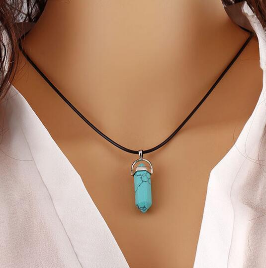 Fashion New PU Lether Chain Mens Womens Created Gemstone Natural Stone Hexagonal Prism Pile Pendant Necklace Women G288