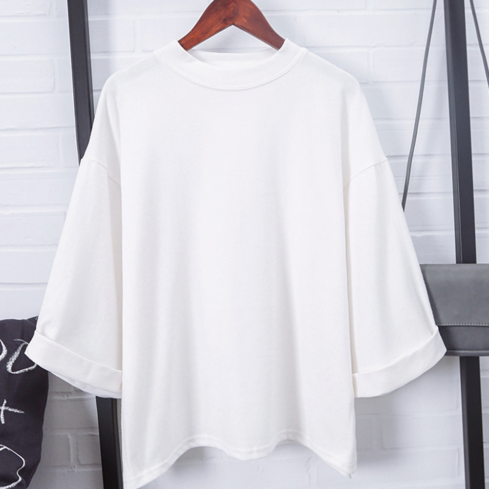Wholesale-Fashion Cotton tshirt Women 2016 New Summer T-shirt Seven Sleeved Solid Turtleneck High Collar Casual T-shirt Tops Women's Tee