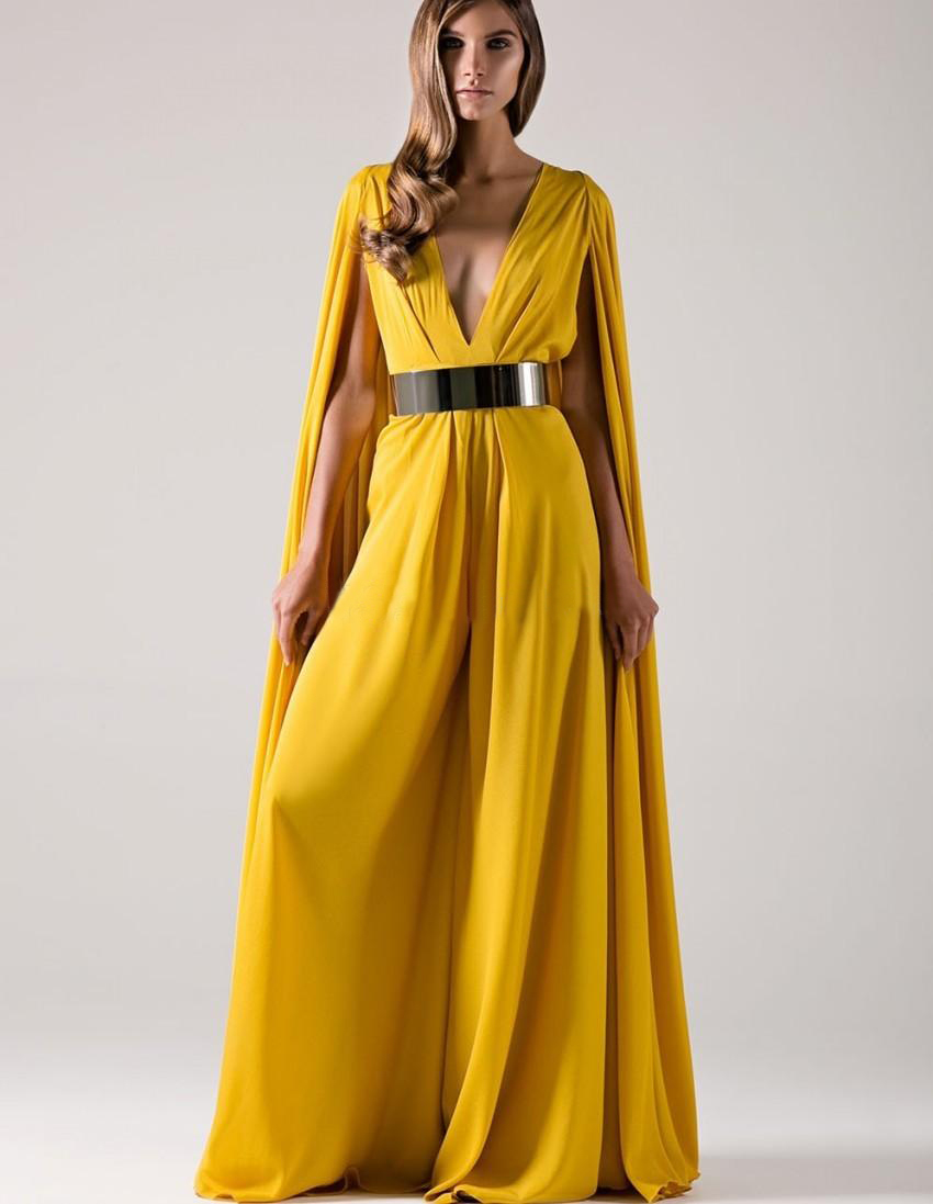 New Fashion 2017 Daffodil Chiffon Deep V Neck Pant Suit With Wraps Cheap Floor Length With Sash Formal Evening Dress Custom Made EN4218