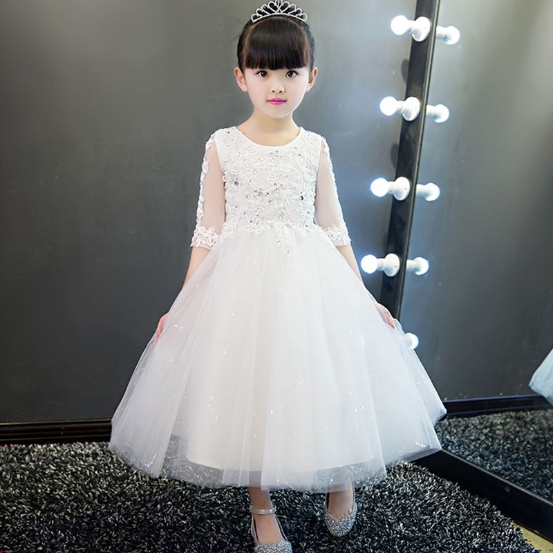 Elegant Flower Girl White Lace Wedding Dress Sequin Appliques Party Tulle Princess Birthday Dress Half Sleeve First Communion Gown