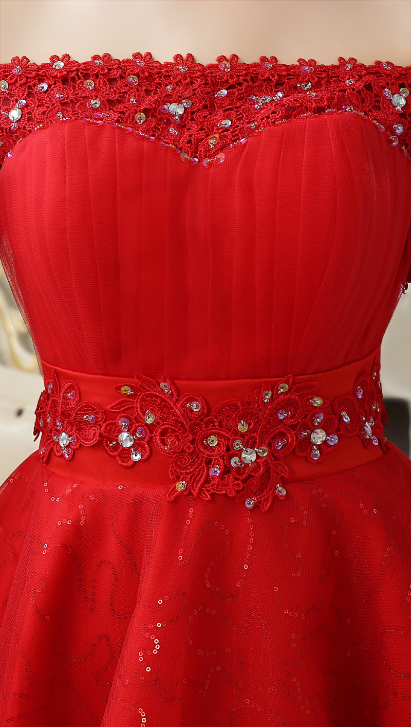 New Red Evening Dresses with Short Sleeve Elegant Girls Women Bride Gown Fashion Off the Shoulder Ball Prom Party Graduation Formal Dress