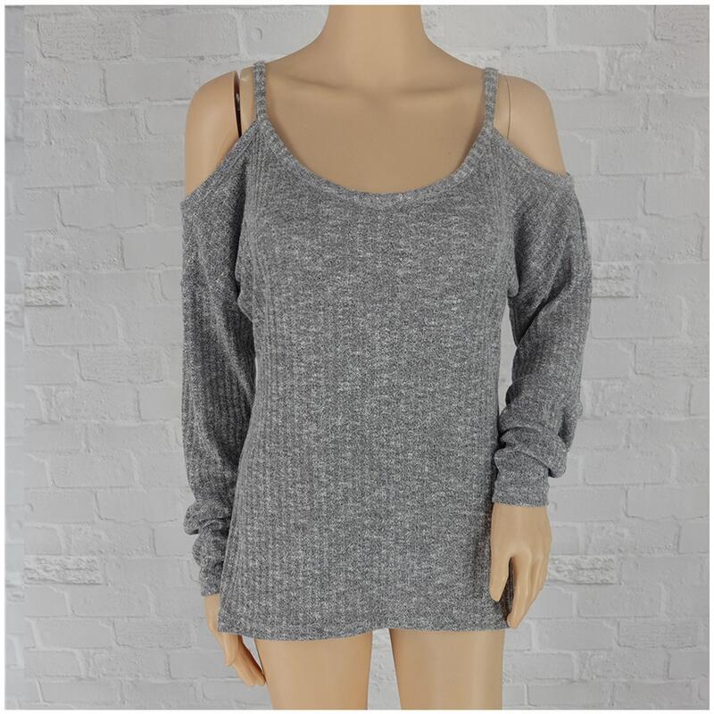 Wholesale- Cold Shoulder Thermal Top 2016 New Grey Plain Cut Out Round Neck Fashion Cotton Shirt Sweater Halter Top