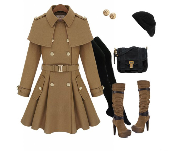 New Slim Women's Coats Women's Trench Coats Women's Coats Women Outwear Cape-style Woolen Coat, Black