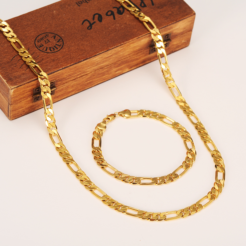 Wholesale Classic Figaro Cuban Link Chain Necklace Bracelet Sets 14K Real Solid Gold Filled Copper Fashion Men Women&#039;s Jewelry Accessories от DHgate WW