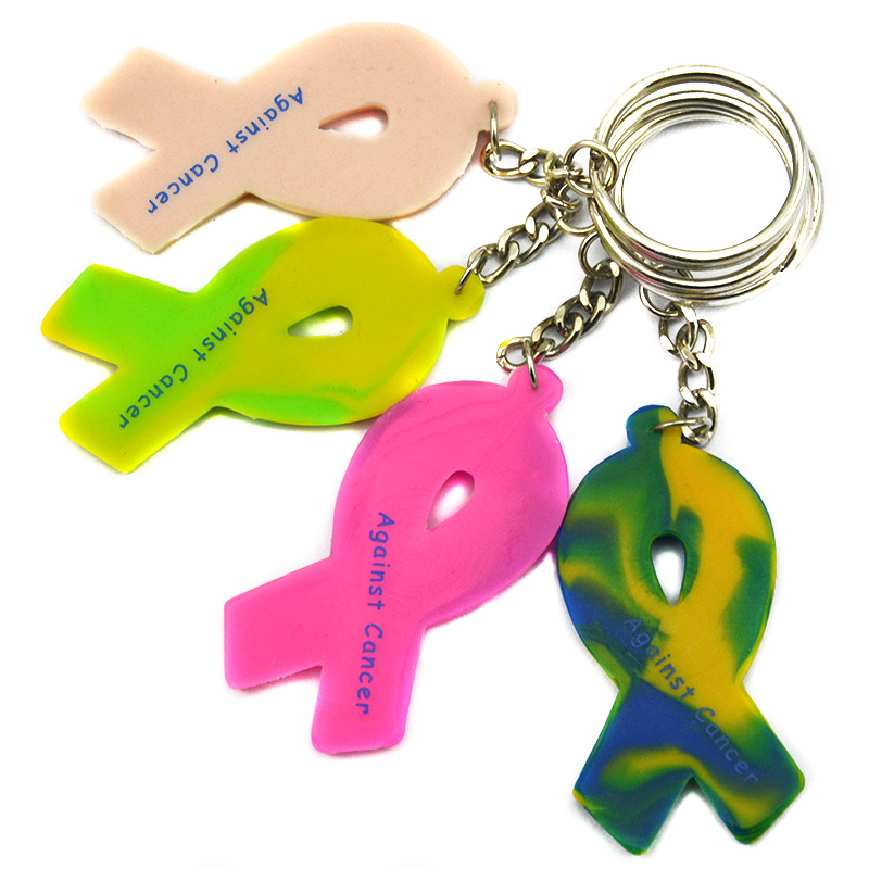50PCS 24 Hour Fight Against Cancer Ribbon Silicone Keychain Printed Motivational Logo 4 Colors for Promotional Gift