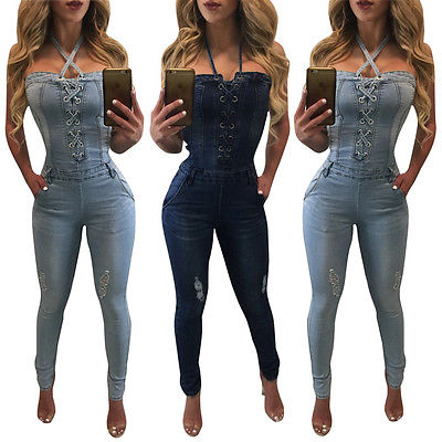 Wholesale- 2017 new bandage fashion blue Womens Washed Jeans Denim Casual Hole Jumpsuit Romper Overall Pants