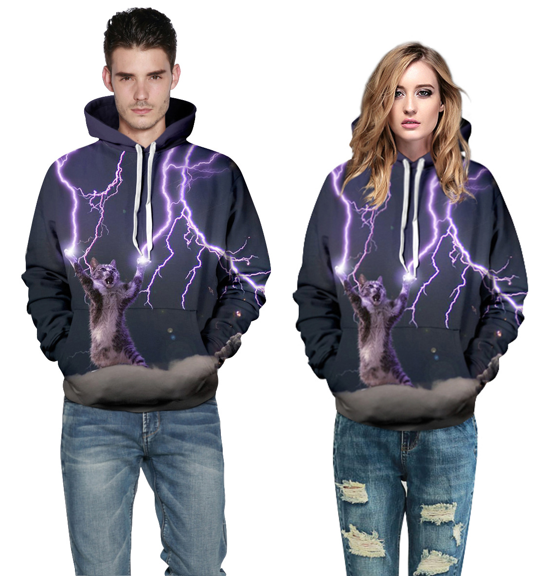 Free ship thunderbolt cats Men's Hoodies Sweatshirts purple stars digital printing loose large size couple hooded sweater men MH031 Mens Hoodie S