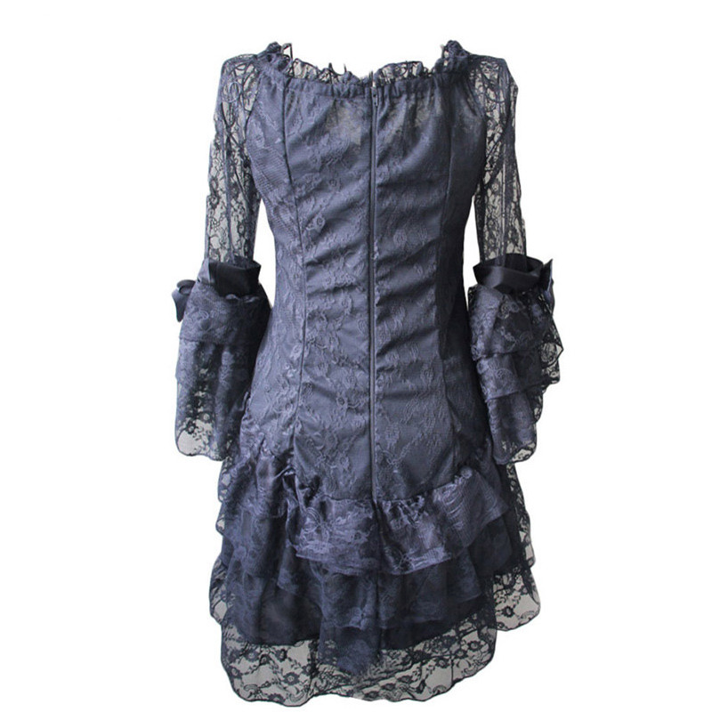 Victorian Gothic Black Ruffle Lace Lolita Style Long End Corset Top Blouse Shirt / Mini Dress with Lace Bow Details Victorian Corset Dress