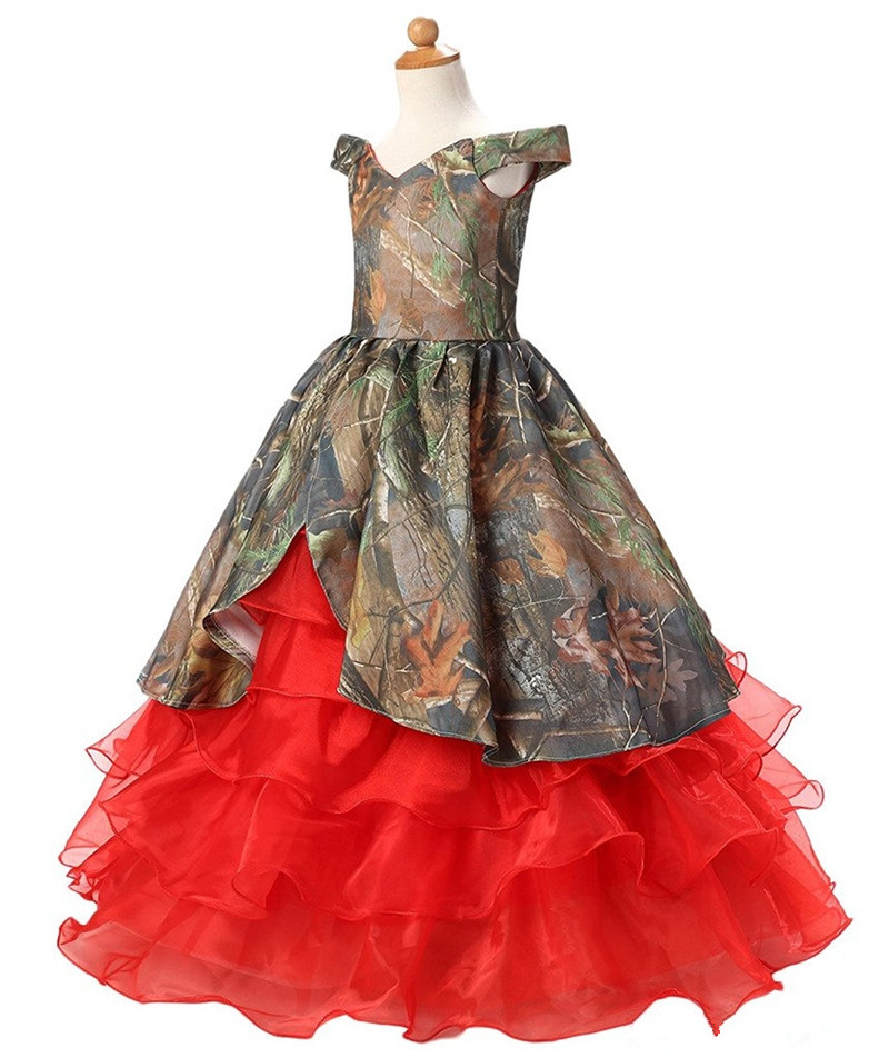 Fashion Camo Red Ruffles Ball Flower Girl Dresses with Lace Up Floor-Length Girls Pageant Gown First Communion Dress BF05