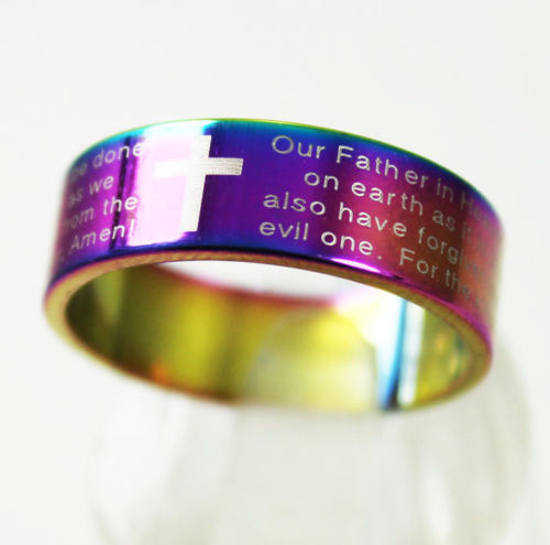 Wholesale Jewelry Lots 50pcs English Lord's Prayer Bible Cross Stainless Steel Rings Men's Fashion Jesus Wedding Rings Religious Jewelry