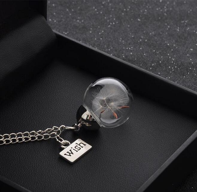 Glass bottle necklace Natural dandelion seed in glass long necklace Make A Wish Glass Bead Orb silver plated Necklace jewelry G125