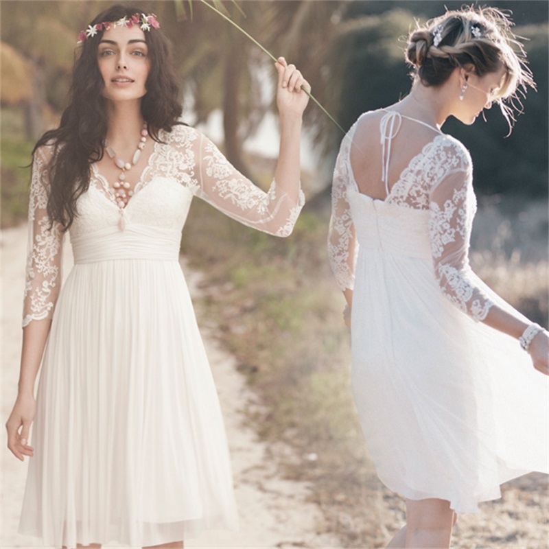 Lace Knee Length Beach Wedding Dress With V-Neck 3/4 Sleeve Ruffles Empire Backless Chiffon Summer Short Bridal Gowns Fashion