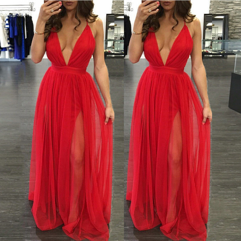 Plunging V Neck Backless Prom Dress All Red Tulle Floor Length Spaghetti Straps Beach Fashion Cross Bohemian Long Evening Dress For Women