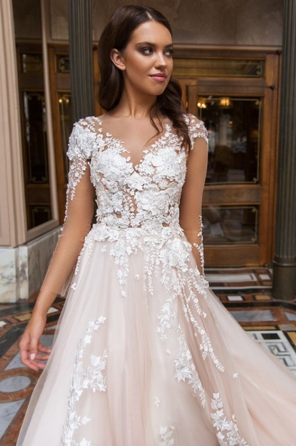 modest 3d appliqued wedding dresses with long sleeves aline vneck chapel train tulle plus size backless bridal gowns
