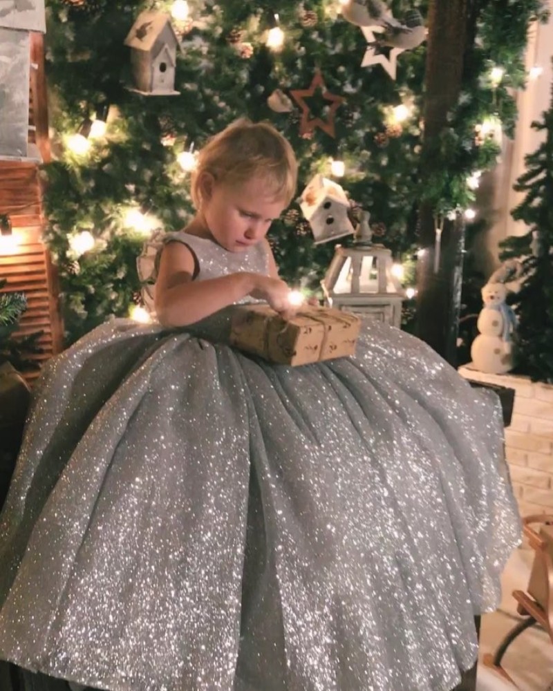 Silver Sleeveless Ball Gowns Backless Bow Girls Pageant Dresses Floor Length Sequins Bling Flower Girl Dress For Wedding Birthday Party Wear