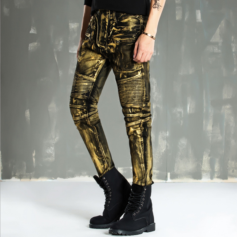 High-quality new gold silver coated men jeans elastic skinny Slim biker jeans man motorcycle pants hip hop nightclub style