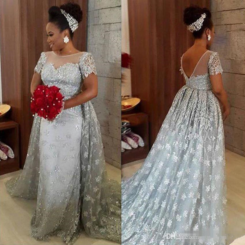 Plus Size Silver Bridal Dresses With Short Sleeves Lace Sexy Backless Detachable Train Arabic Formal Wedding Gowns