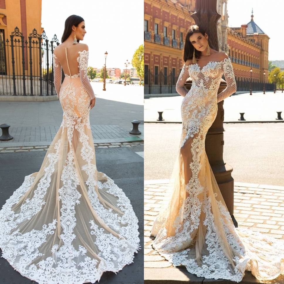 Beaded Applique Wedding Dresses Plunging Neck Long Sleeve Mermaid Bridal Gowns Court Train Plus Size Wedding Dress