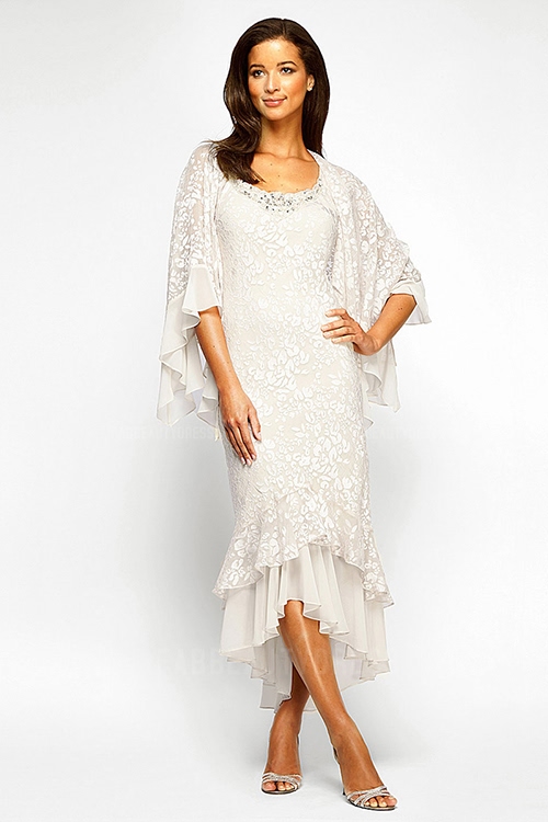 Trumpet/Mermaid High Low Lace Chiffon Evening Dress 2022 Beaded Scoop Neck Tea Length Mother of the Bride Dresses With Long Sleeve Jacket