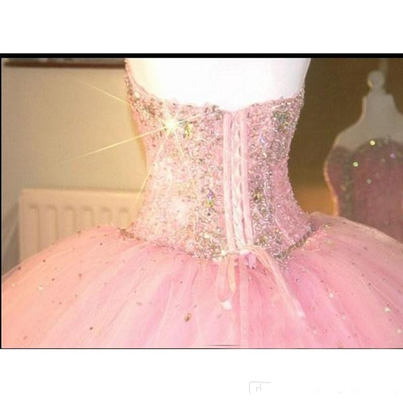 2017 Sexy Pink Sweetheart Ball Gown Quinceanera Dresses With Crystals Lace Up Floor Length Prom Party Gown Sweet 16 Dress BM90