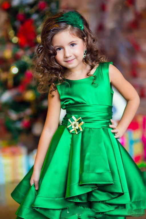 Hi Lo Green Pageant Satin A Line Pleats Sash Flower Girls Lovely Children Birthday Dresses Kids Formal Wear