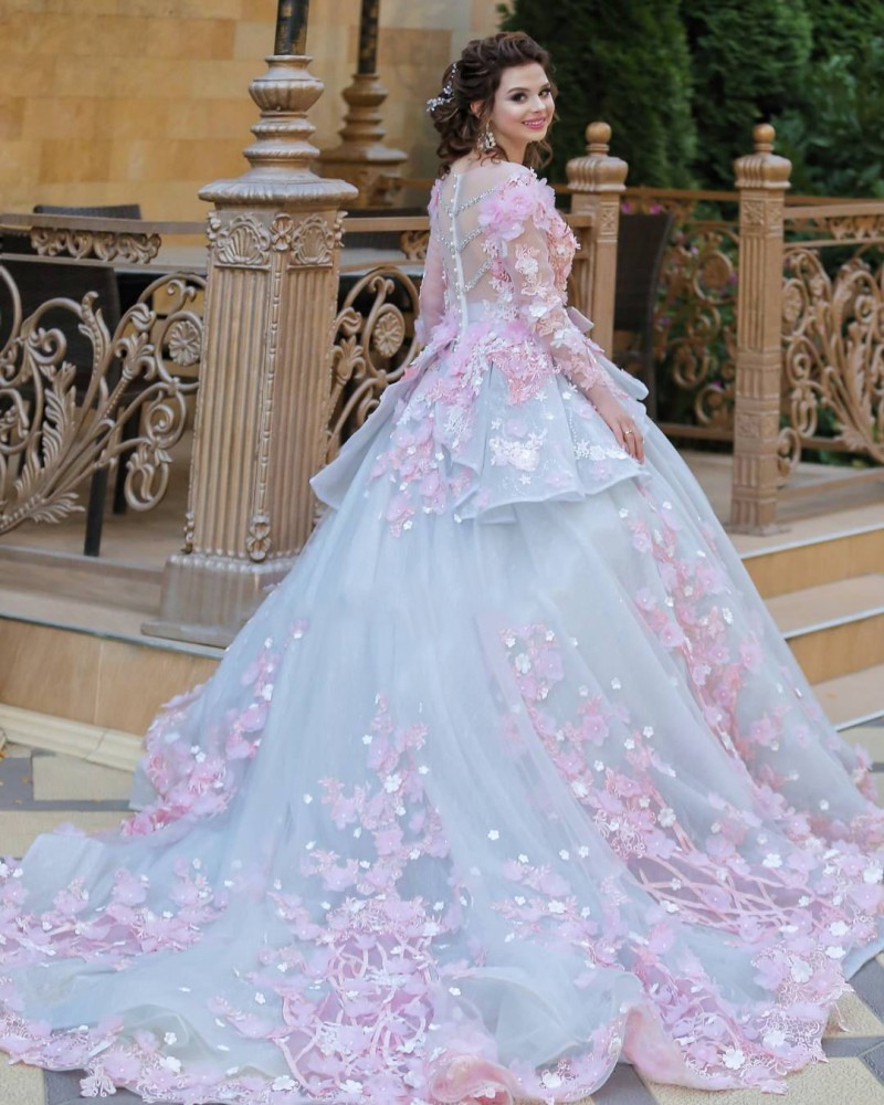 Princess Evening Dresses Long Sleeve Hand Made Of Flower Tiered Tulle Prom Dresses Applique Prom Gowns Custom Made Ball Gown