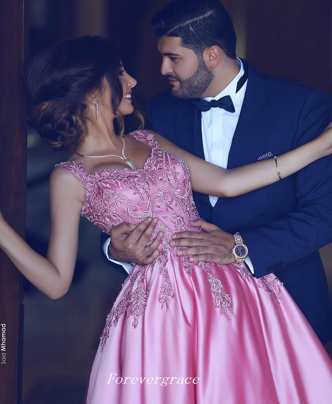 Pink Colour Prom Dress Modest Said Mhamad Long Sleeveless Backless Applique Formal Wear Party Gown Custom Made Plus Size