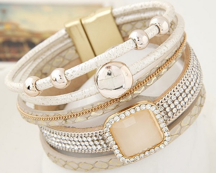 New Gem Rhinestone Magnetic Leather Bracelets Bangles Bohemian Handmade Multilayer Wrap jewelry Women gift pulseira