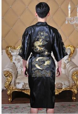 Wholesale-Fashion Navy Blue Men's Satin Silk Nightwear Novelty Bath Gown Vintage Style Kimono Free Shipping Size S M L XL XXL MR007