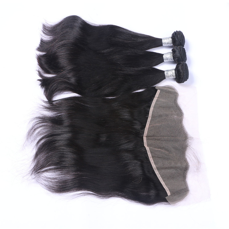 Brazilian Human Virgin Hair Lace Frontal With 3 Bundles 13X4 Ear To Ear Lace Frontal 1B Black Color Human Hair Weaves Closure