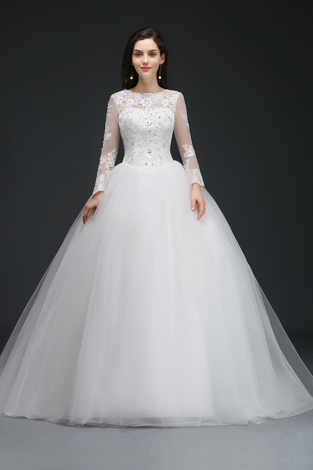 Stock Ball Gown Dresses Long Sleeves Sheer Jewel Neck Dubai Wedding Gowns With Appliques Crystal Sexy Backless Vestido De Novia Best 6660311