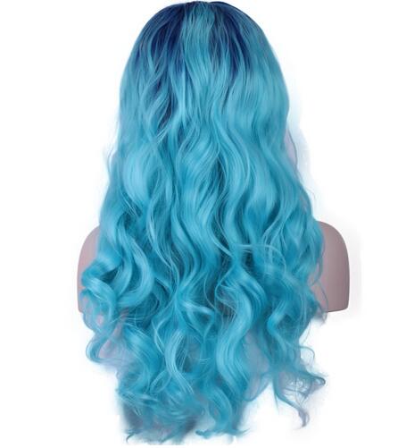 Fashion High Temperature Fiber Heat Resistant Natural 22" Long Body Wave Two Tones dark blue Ombre blue Roots Synthetic lace front Wigs