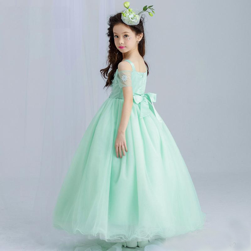 Lovely 2017 Mint Green Organza Princess Flower Girls Dresses For Weddings Spaghetti Short Sleeve Floor Length Girls Pageant Gown EN4196