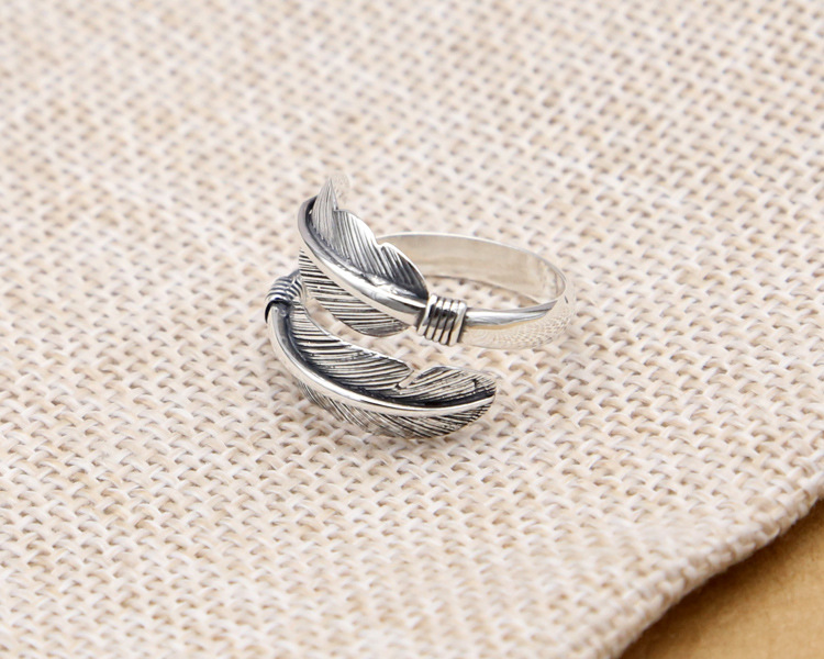 925 sterling silver fashion jewelry band ring feather shape open adjustable ring vintage style for women