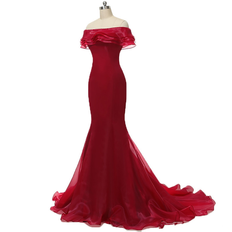 2017 Sexy Red Bateau Mermaid Formal Evening Dresses With Ruffles Organza Floor-Length Plus Size Prom Party Celebrity Gowns BE04