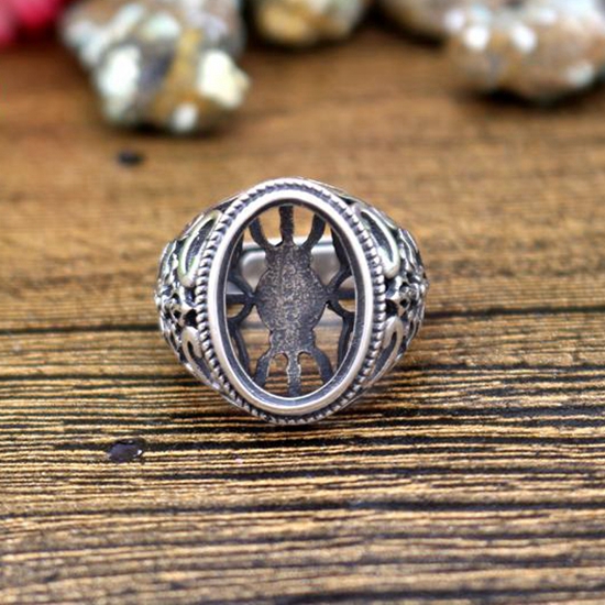 12x18mm Oval Cabochon Semi Mount 925 Sterling Silver Men Ring Art Nouveau Fine Silver Antique Vintage