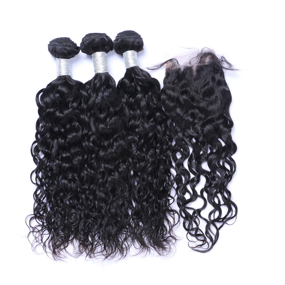 Brazilian Natural Wave Human Virgin Hair Weaves With 4x4 Lace Closure Bleached Knots 100g/pc Double Wefts Hair Extensions