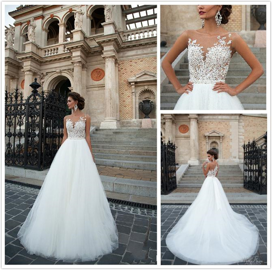 Sleeveless Illusion Back Appliques Lace Chapel Train Bridal Gown Wedding Dress with Long Sash Vestido De Novia Stunning, Champagne
Sleeveless Illusion Back Appliques Lace Chapel Train Bridal Gown Wedding Dress with Long Sash Vestido De Novia Stunning, Champagne